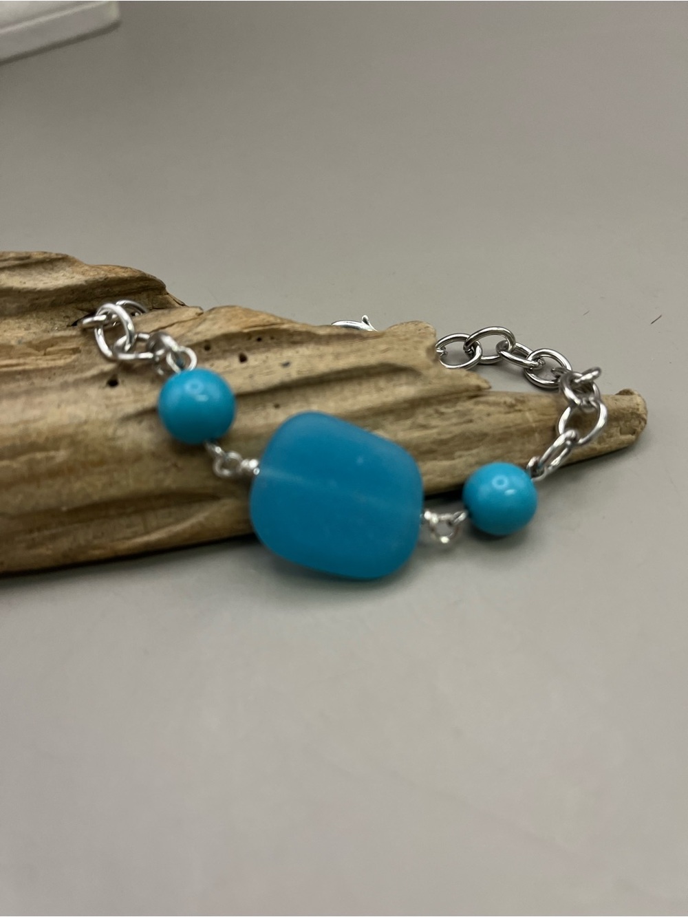 Coastal Sea Glass & Turquoise Bead Silver Tone Chunky Chain Bracelet Boho Beach